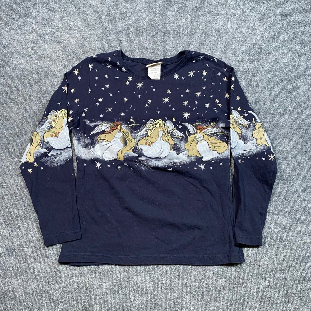 Art Unlimited Sportswear Vintage Navy Angel Star Glitter Long Sleeve Tee M